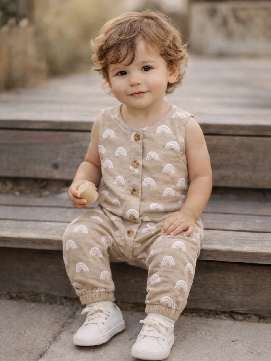 Toddler sitting on wooden steps, smiling, wearing a beige outfit with rainbow patterns, holding a small toy.
