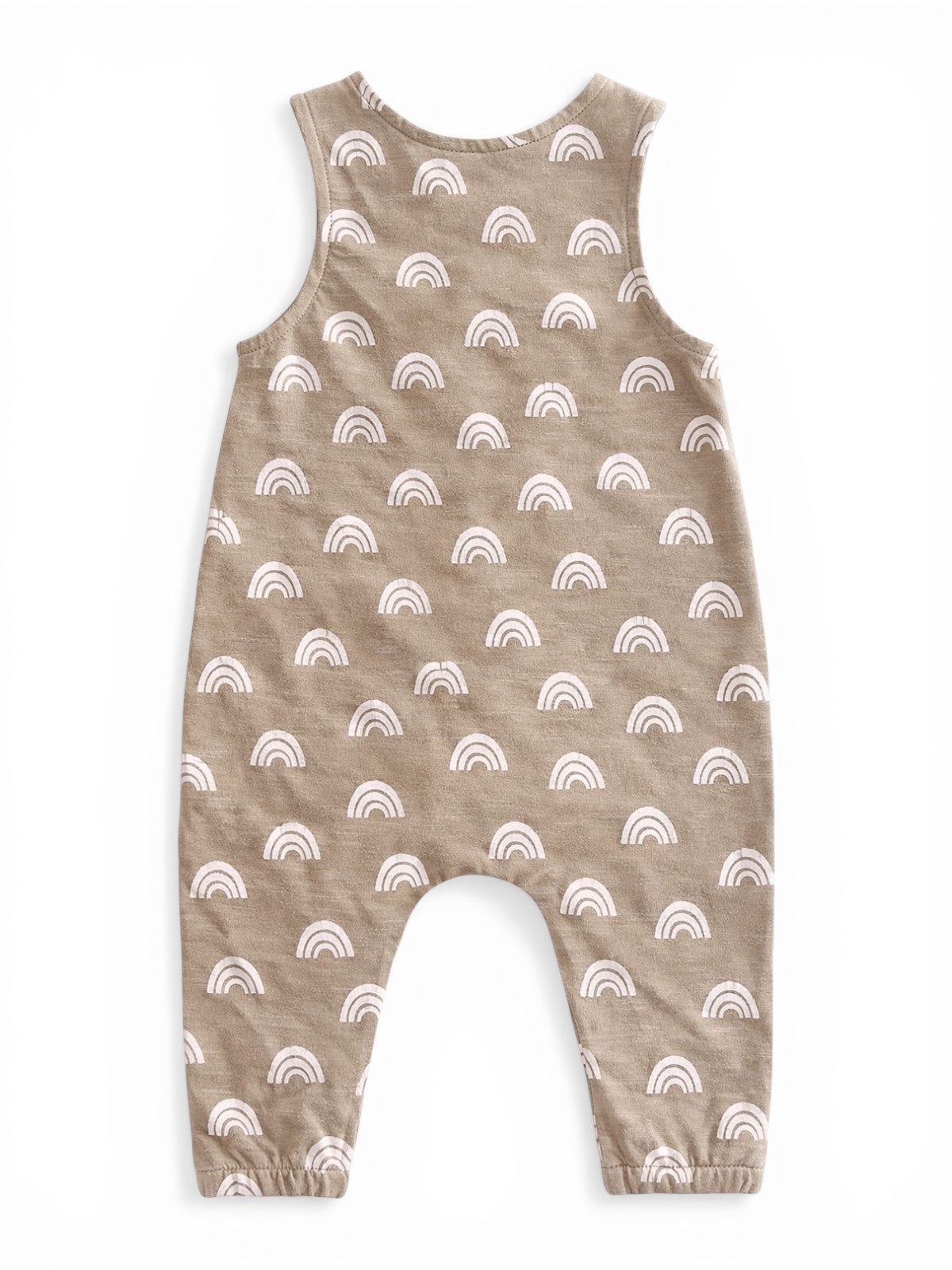 Tan infant romper with white rainbow patterns, featuring sleeveless design and elasticized cuffs at the ankles.