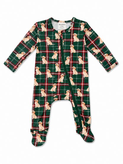 Green plaid baby onesie featuring playful golden retriever puppies. Ideal for infants 0-3 months.