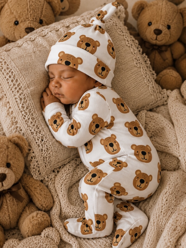 Sleeping baby in bear-patterned outfit surrounded by plush teddy bears on a cozy blanket.
