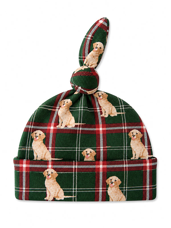 Green plaid beanie with cute puppy prints and a knot at the top. Perfect for dog lovers.