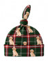 Green plaid beanie with cute puppy prints and a knot at the top. Perfect for dog lovers.
