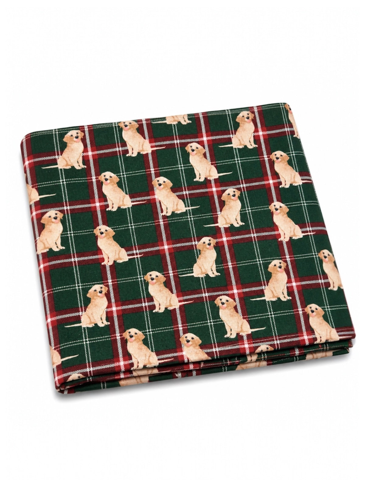 Patterned fabric featuring golden retriever puppies on a green and red plaid background.