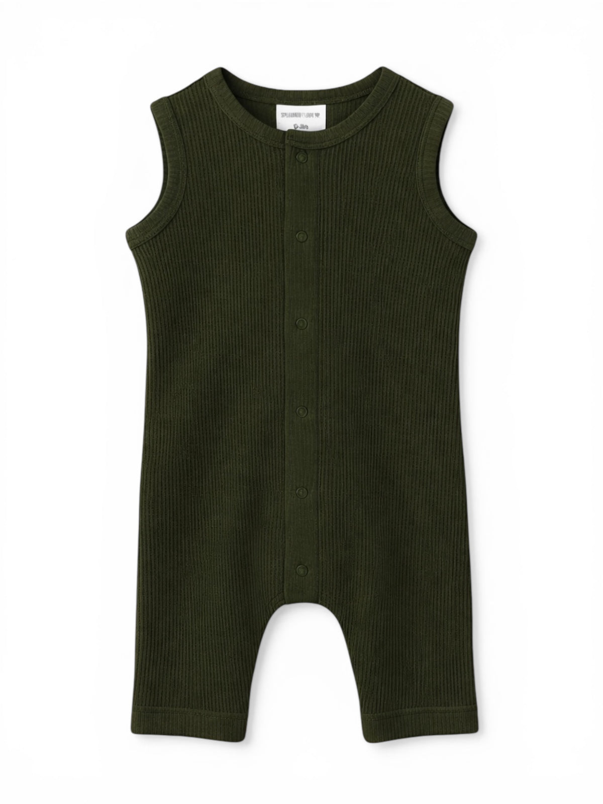 Green ribbed sleeveless romper with button closure, ideal for toddlers.