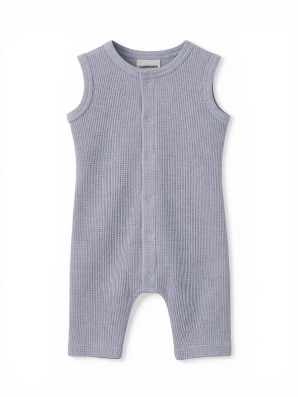Light blue sleeveless baby onesie with buttons down the front and textured fabric.
