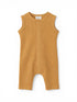 Mustard-colored infant romper with ribbed texture and snap buttons down the front. Suitable for warm weather.