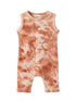 Peach tie-dye baby romper with sleeveless design and snap button closure.