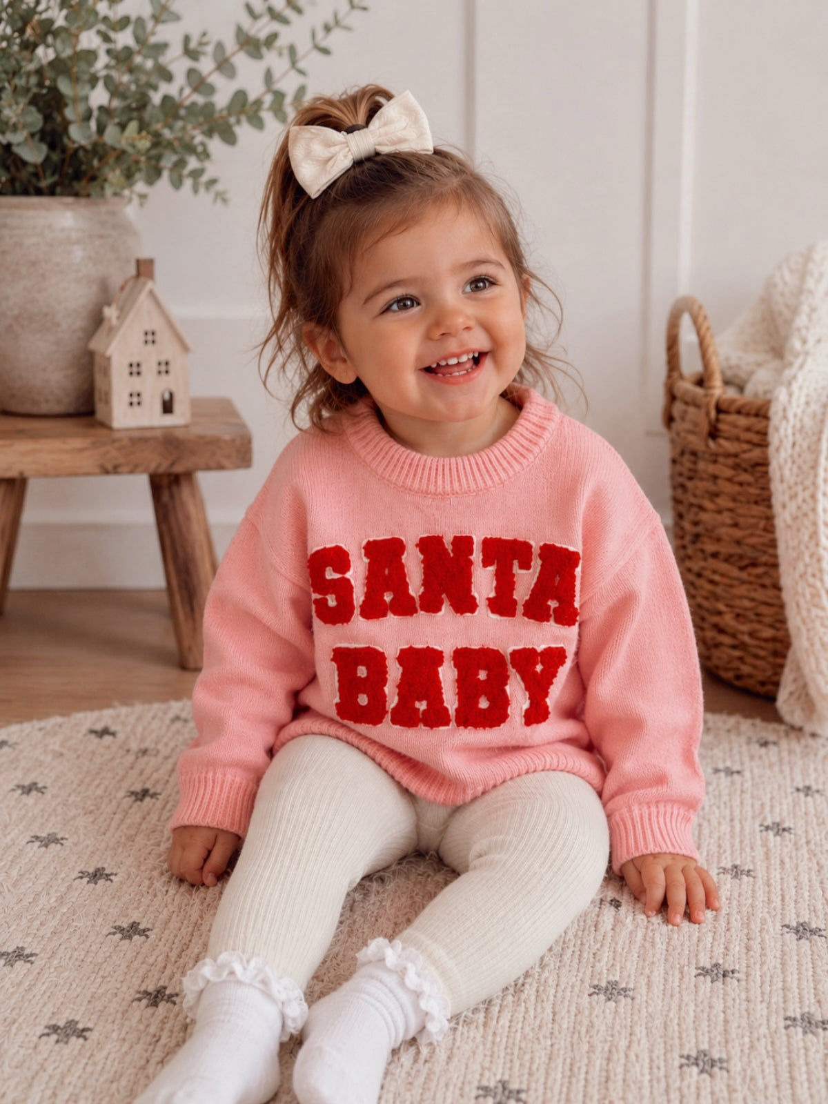 Smiling toddler in a pink "SANTA BABY" sweater, sitting on a rug with decorative elements in the background.