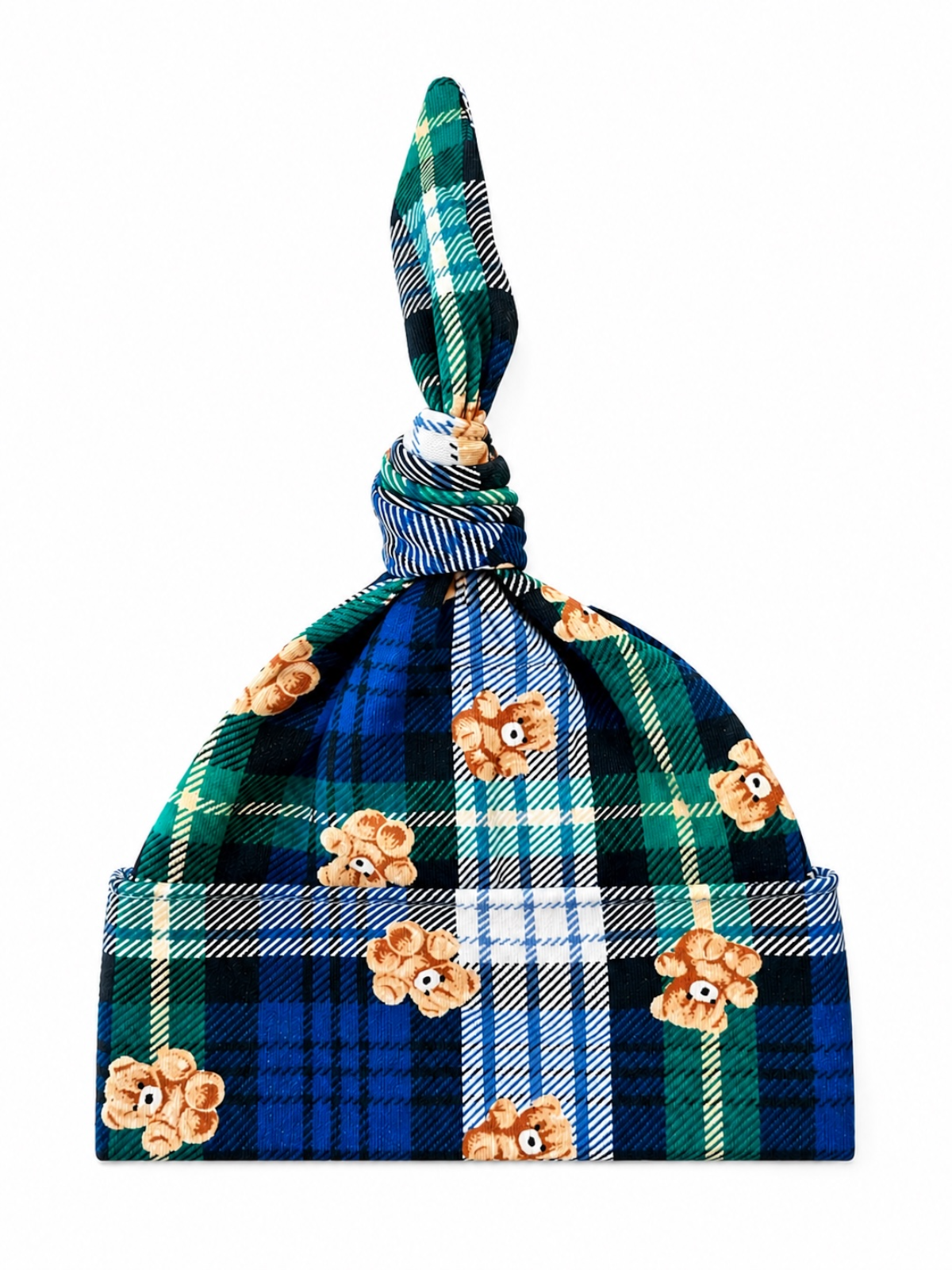 Plaid baby hat with a knot on top, featuring teddy bear embroidery in shades of tan and brown.