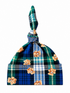 Plaid baby hat with a knot on top, featuring teddy bear embroidery in shades of tan and brown.