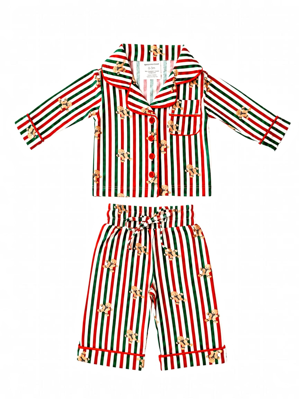Children's holiday pajamas with red, green stripes and gingerbread man patterns, designed for infants.
