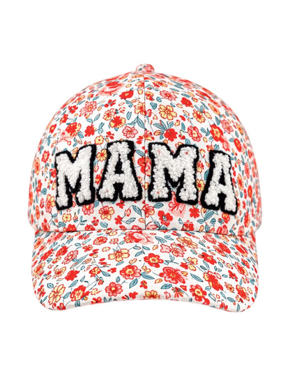 Floral cap with the word "MAMA" embroidered on the front in bold, textured letters.