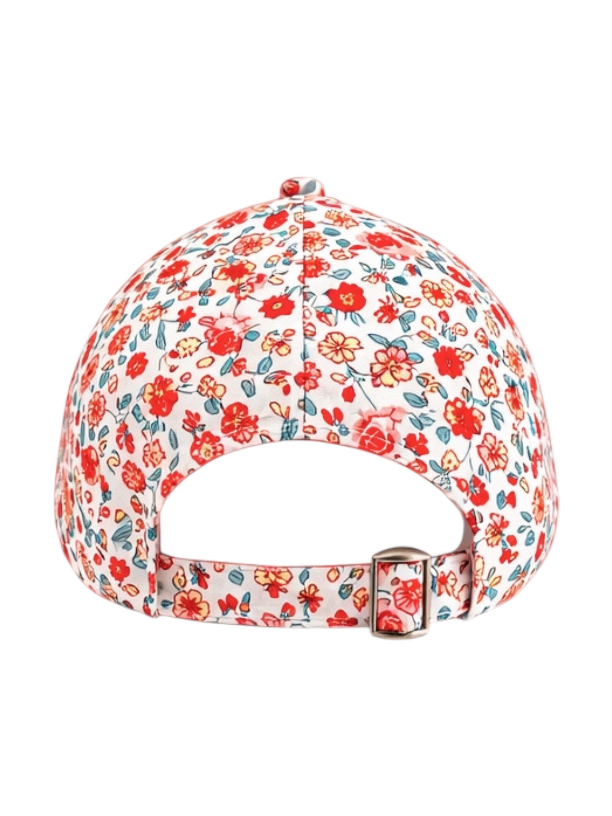 Floral-patterned baseball cap viewed from the back, featuring an adjustable strap and vibrant red and blue flowers.