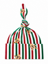 Red and green striped hat with gingerbread man patterns and a knotted top. Ideal for holiday celebrations.