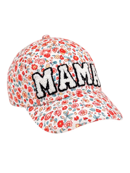White floral cap with the word "MAMA" in bold, black letters on the front.