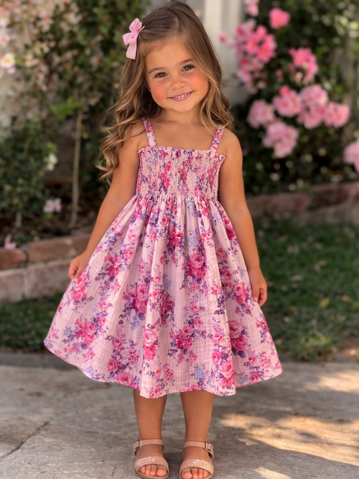 Smiling girl in a floral dress stands outdoors with pink flowers in the background.