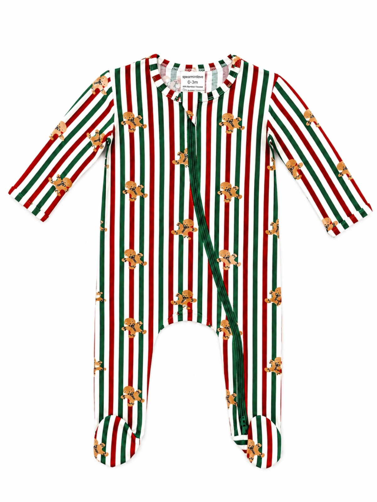 Striped onesie for infants with gingerbread cookie print, featuring long sleeves and footed bottoms. Perfect for festive occasions.