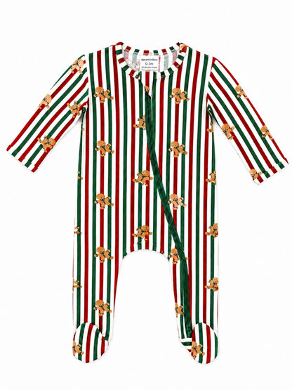 Striped onesie for infants with gingerbread cookie print, featuring long sleeves and footed bottoms. Perfect for festive occasions.