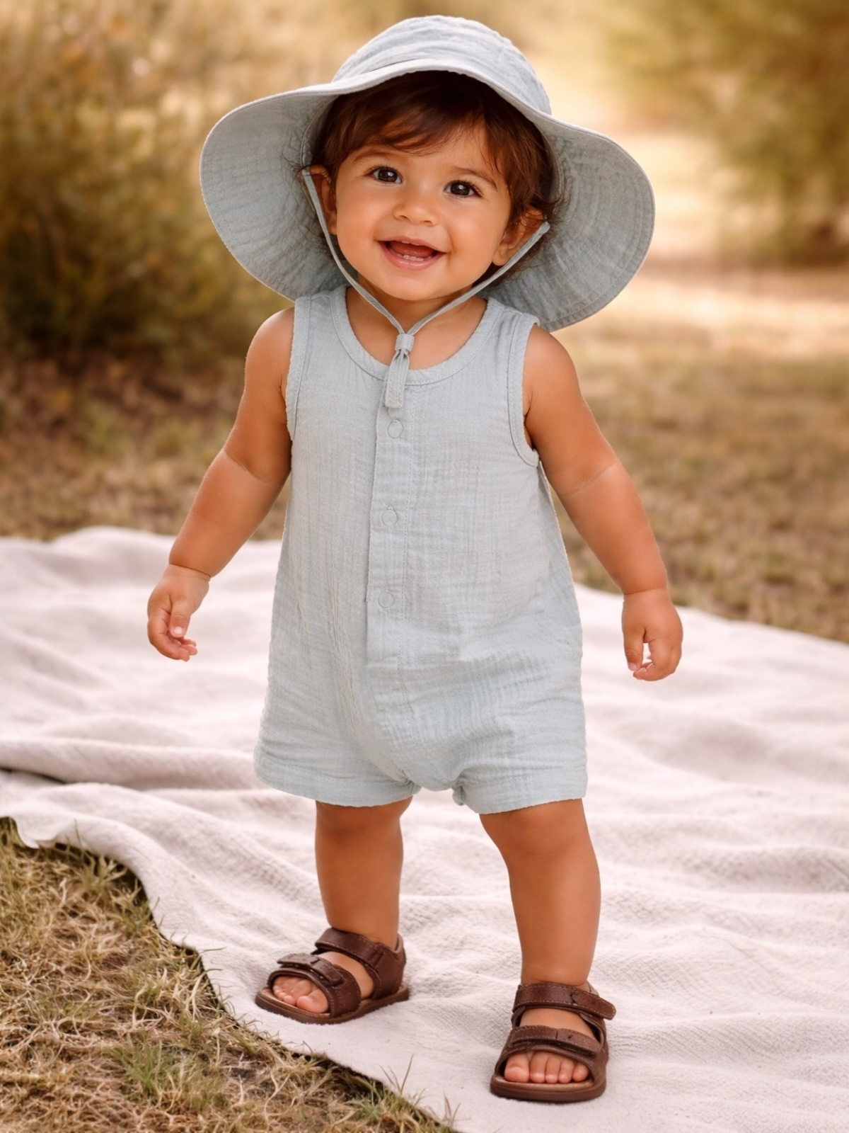 Smiling toddler in a light blue romper and sun hat, standing on a blanket in a grassy outdoor setting.