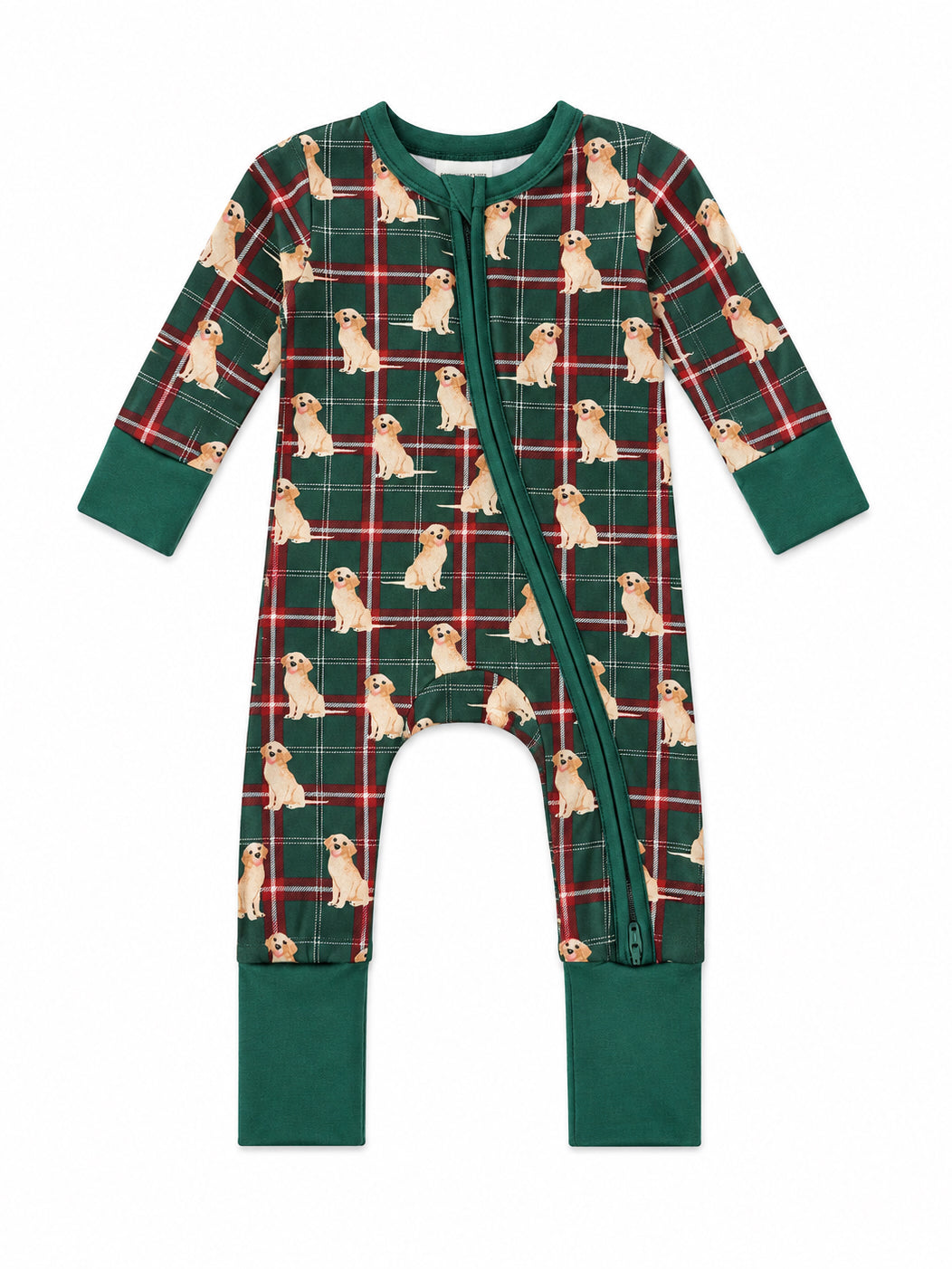 Green plaid pajamas with golden retriever prints, featuring a front zipper and long sleeves. Perfect for cozy wear.