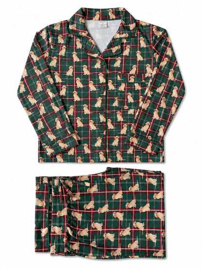 Green plaid pajamas with a playful dog print, featuring a button-up top and matching pants.