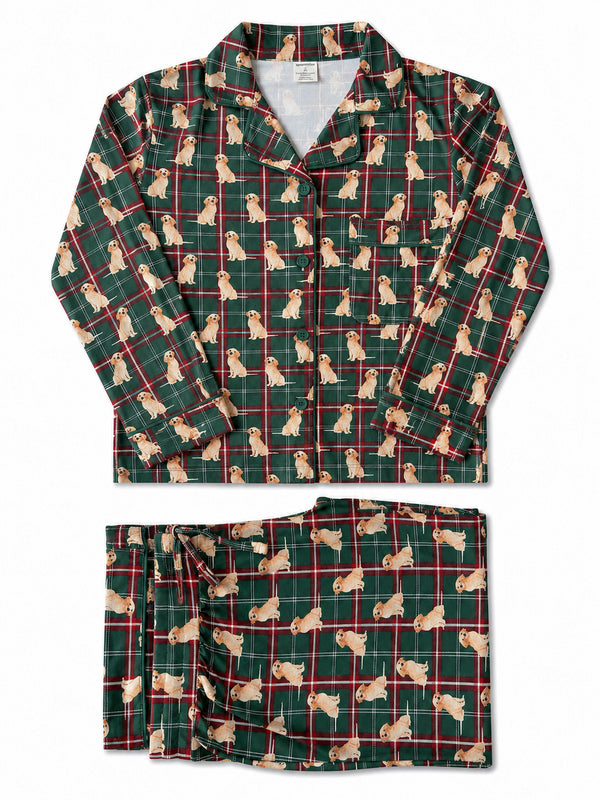 Green plaid pajamas with golden retriever print, featuring a button-up top and elastic waistband pants.