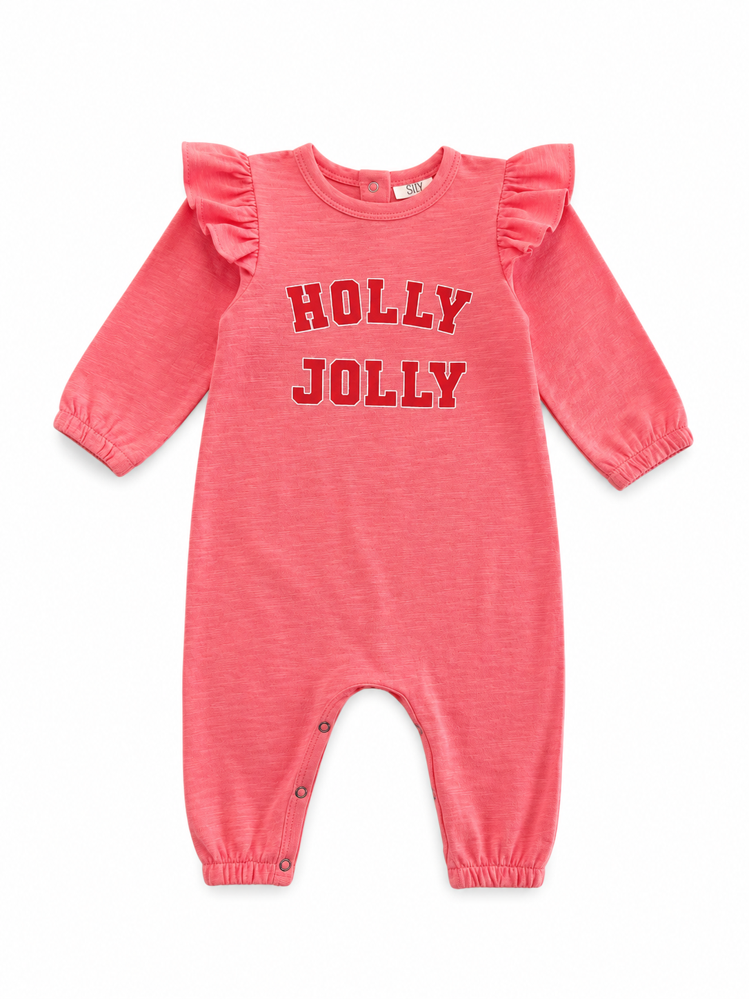 Pink baby romper with ruffled sleeves, featuring the text "HOLLY JOLLY" in bold red letters.