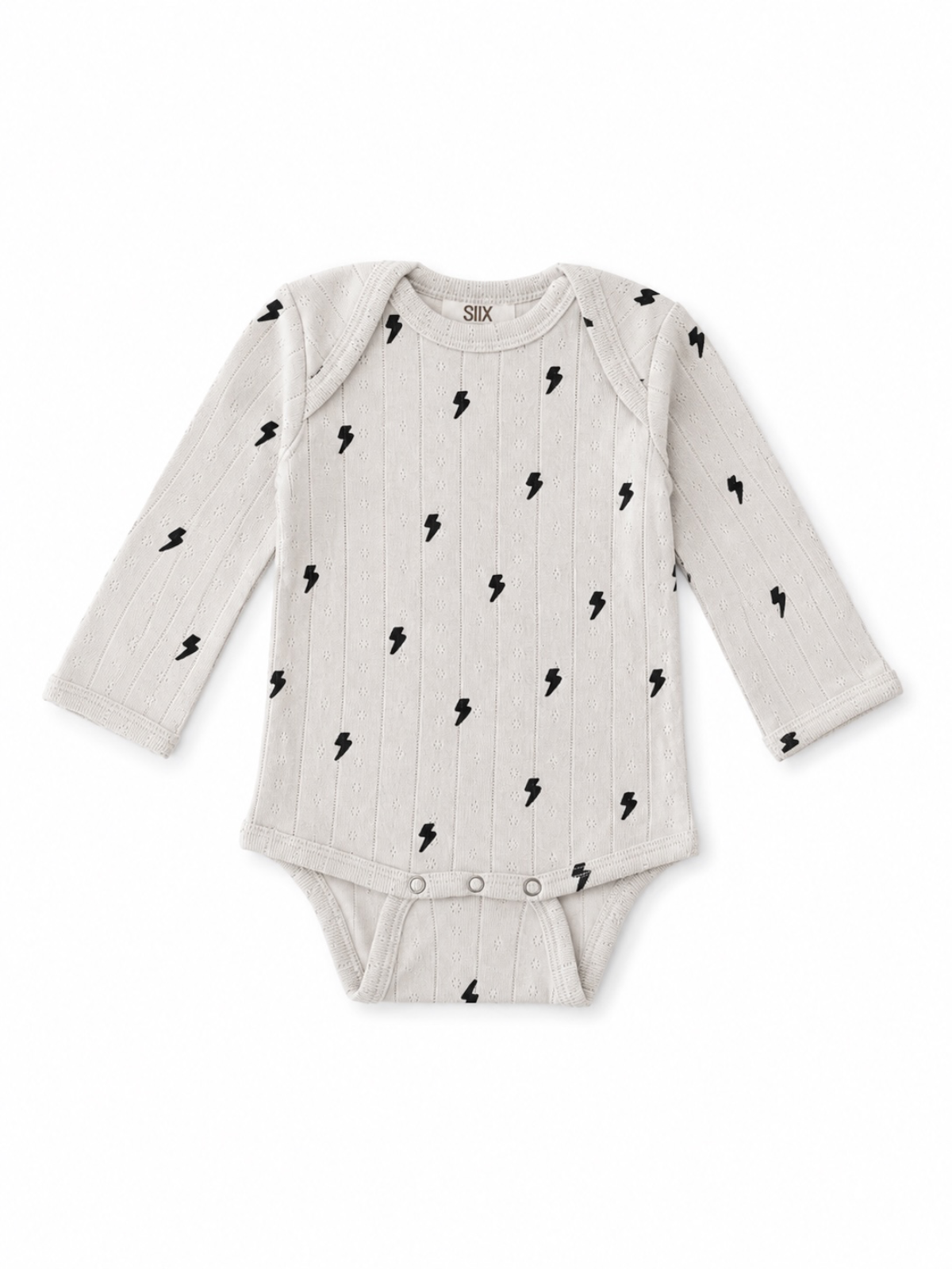 Gray long-sleeve baby onesie with black lightning bolt pattern and snap closure at the bottom.