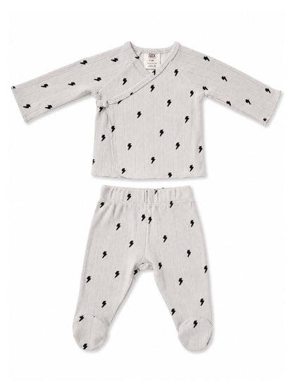 Gray baby outfit set featuring a long-sleeve top and matching pants with black lightning bolt print.