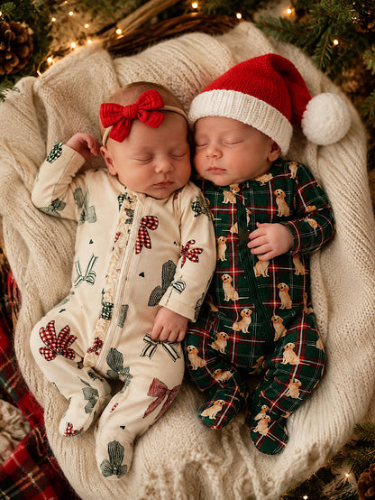 Two sleeping infants in festive pajamas, one with a red bow, the other in a Santa hat, nestled together on a cozy blanket.