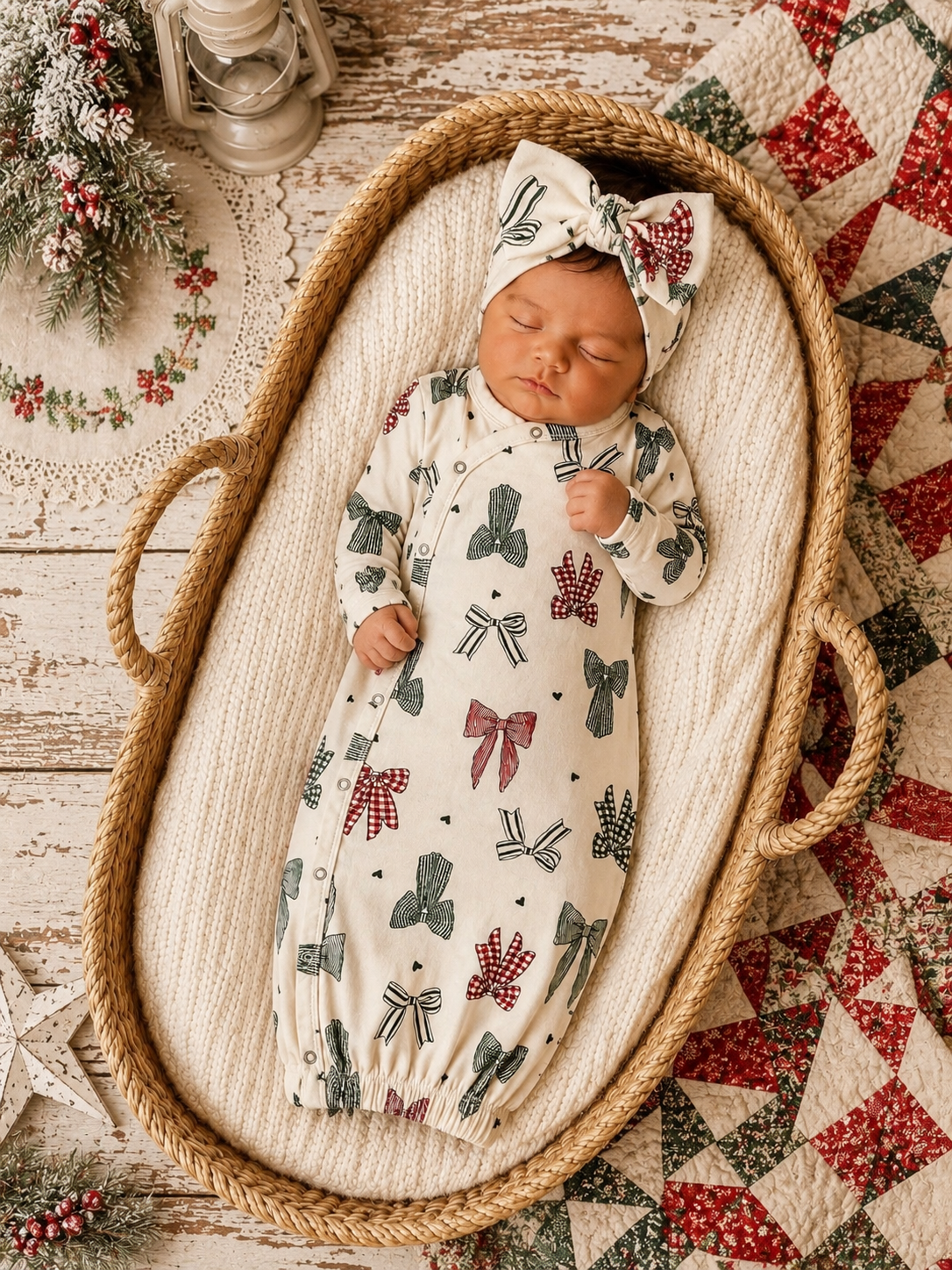 Newborn sleeping in a cozy basket, wearing a festive onesie and bow, surrounded by holiday decor.