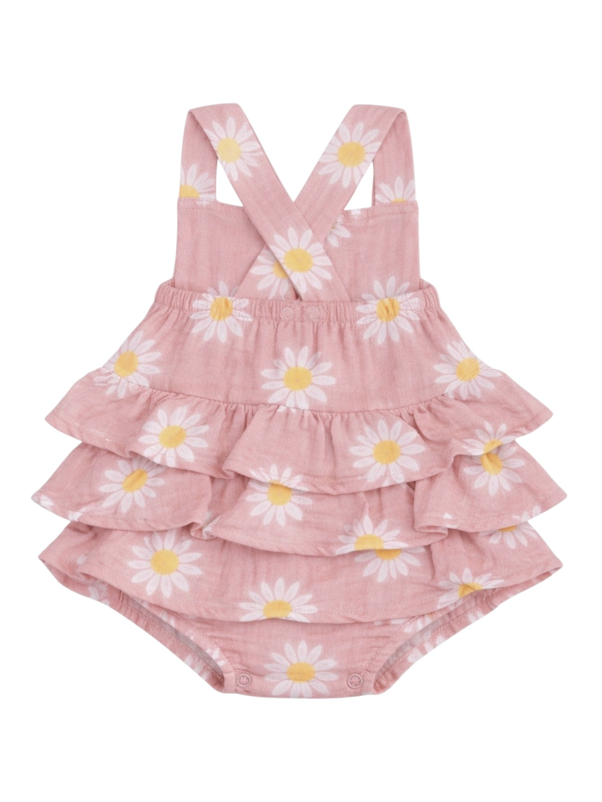 Pink floral baby romper with ruffled layers and cross-back straps, featuring white daisies and yellow centers.
