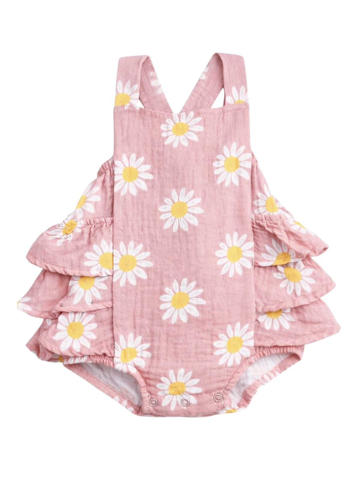 Pink ruffled baby romper with white daisies and yellow centers, perfect for spring and summer wear.