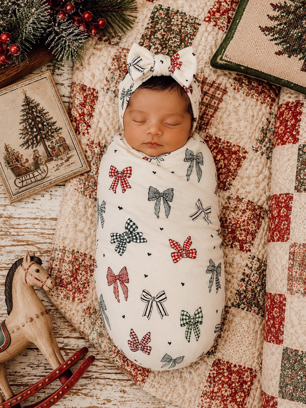 Infant swaddled in a bow-patterned blanket, resting on a quilt with holiday decor and a wooden rocking horse.