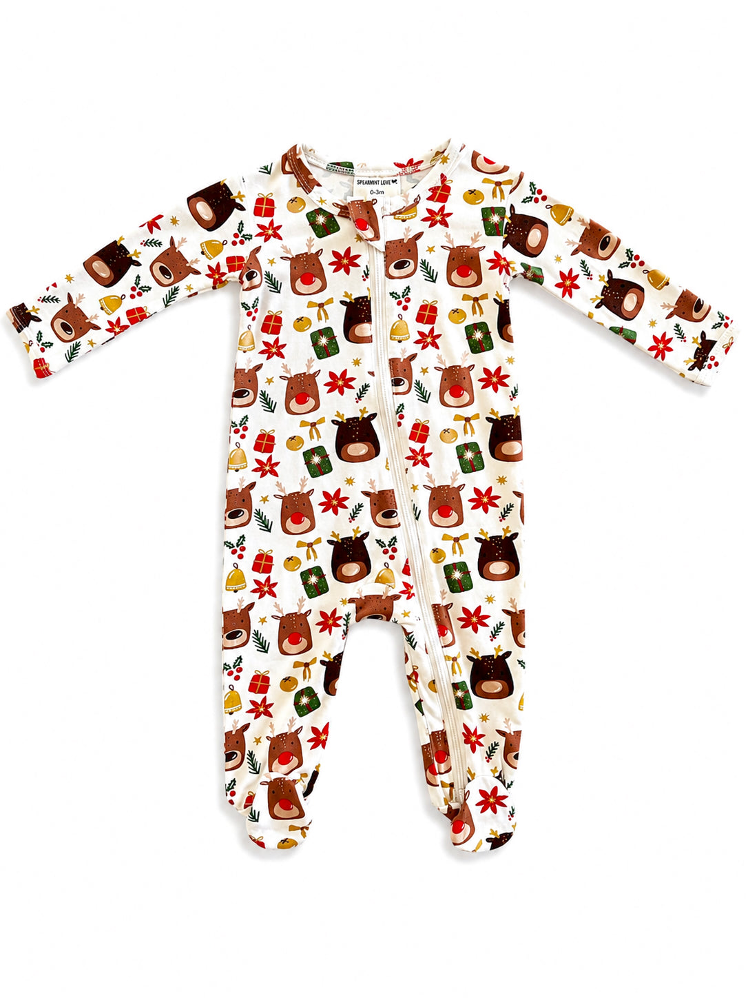 White toddler onesie with festive animal and holiday print featuring bears, gifts, and flowers.