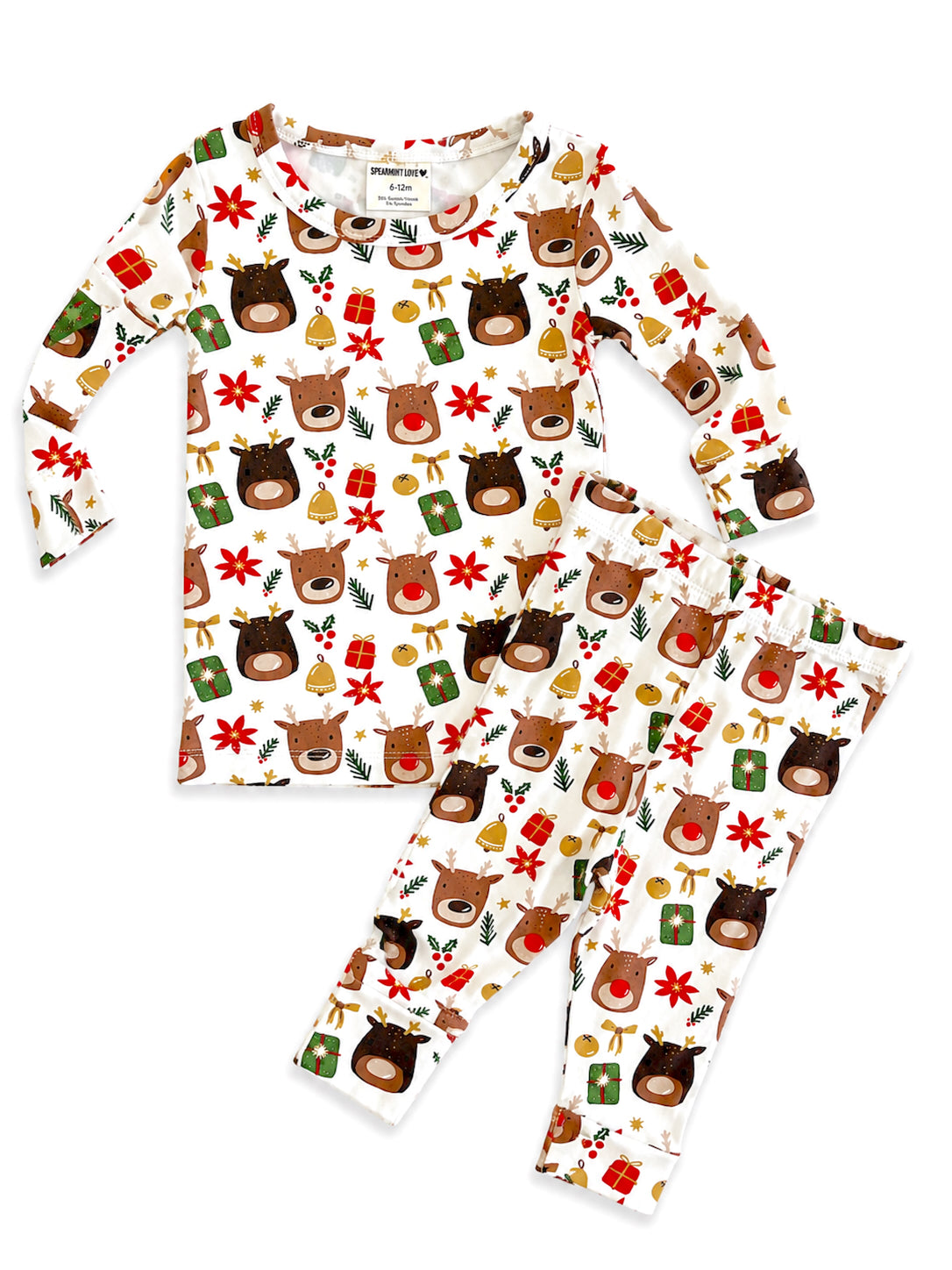 Festive kids' pajamas featuring reindeer, gifts, and holiday decorations on a white background.