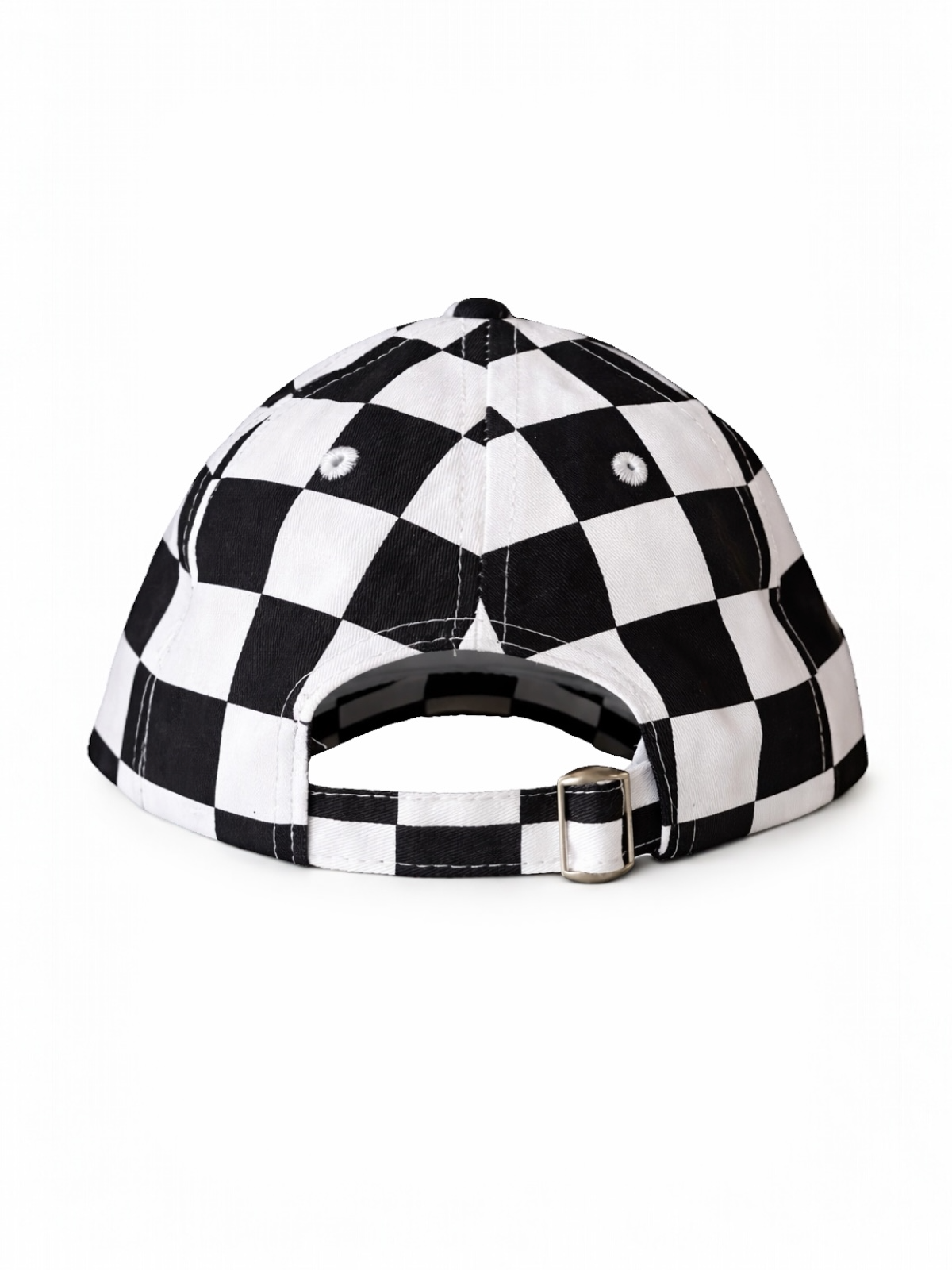 Black and white checkered cap viewed from the back, showcasing an adjustable strap and ventilation holes.