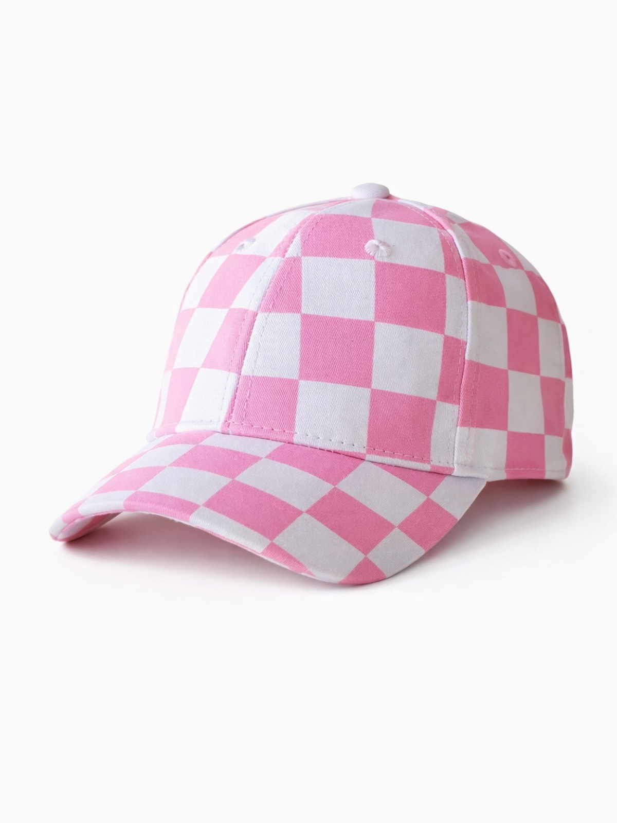Pink and white checked baseball cap with a curved brim. Fashionable and playful design suitable for casual wear.