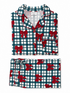 Green and white checkered pajamas with red bows, featuring a button-up top and matching pants.