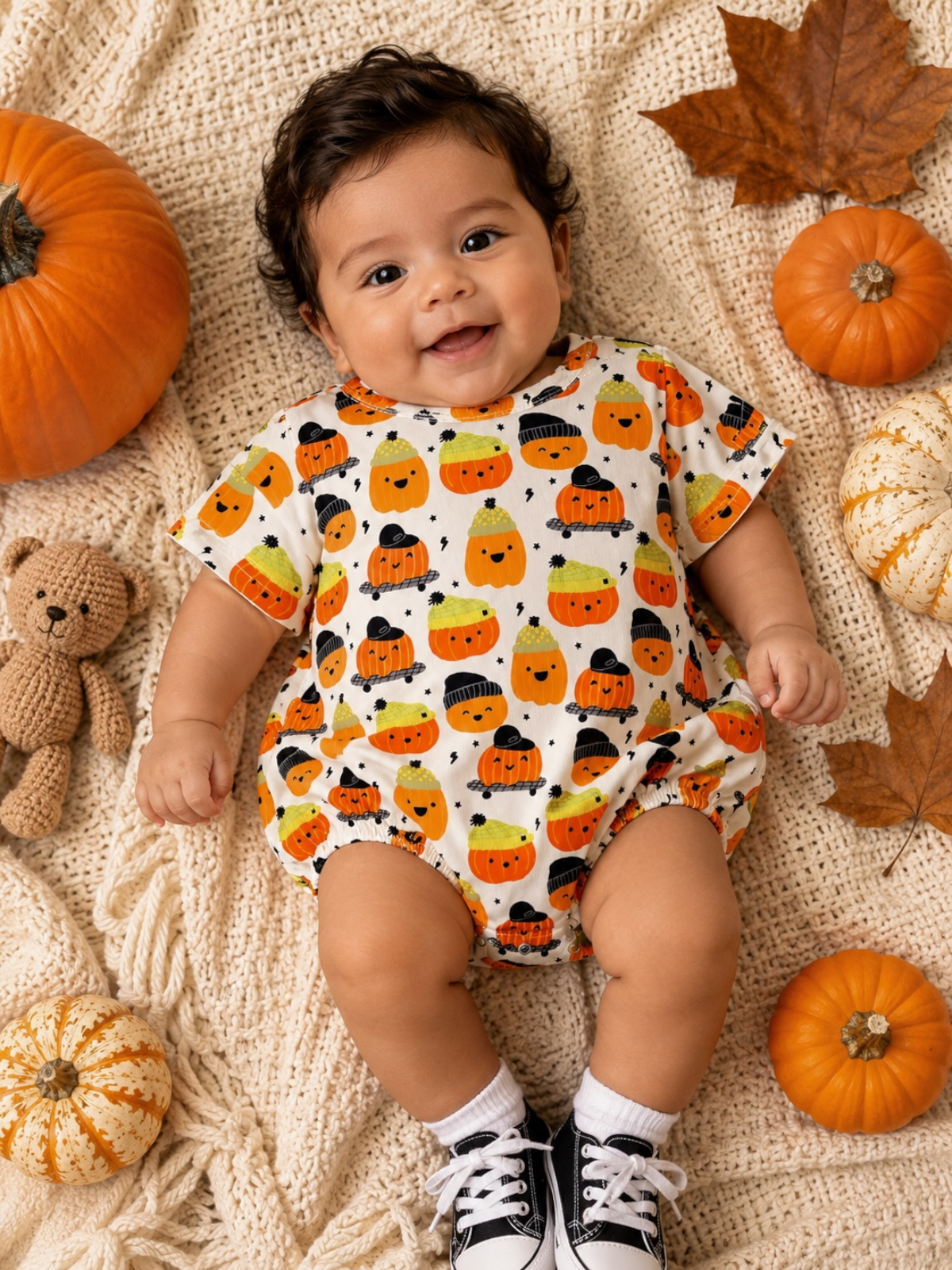 Smiling baby in a pumpkin-print outfit surrounded by pumpkins and autumn leaves on a cozy blanket.