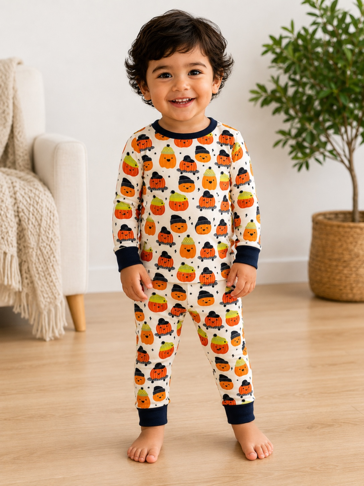 Smiling child in Halloween-themed pajamas with pumpkins and ghosts, standing on wooden floor.