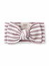 Striped baby headband in mauve and white with a large knot, made from soft cotton. Suitable for 0-6 months.
