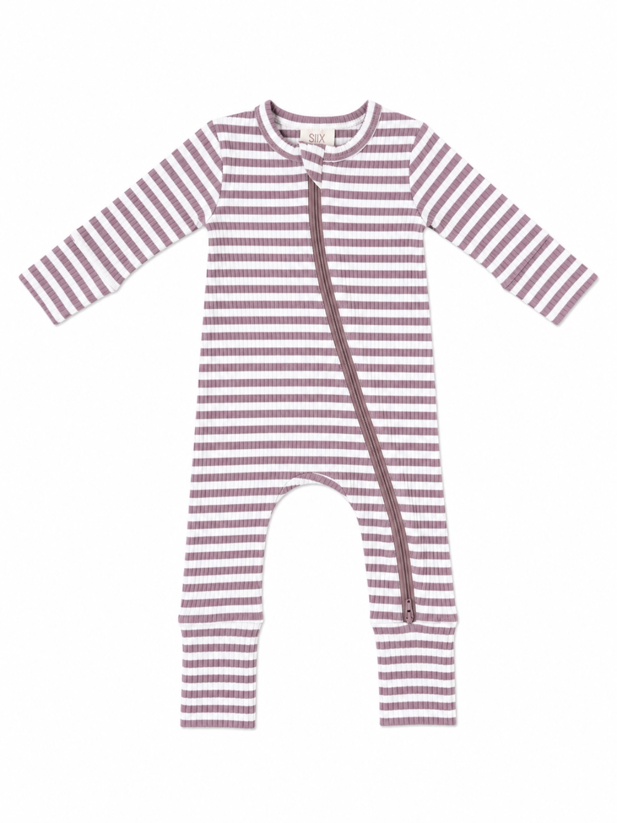 Striped baby onesie in mauve and white with a front zipper closure. Suitable for infants and toddlers.