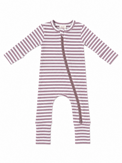 Striped baby onesie in mauve and white with a front zipper closure. Suitable for infants and toddlers.