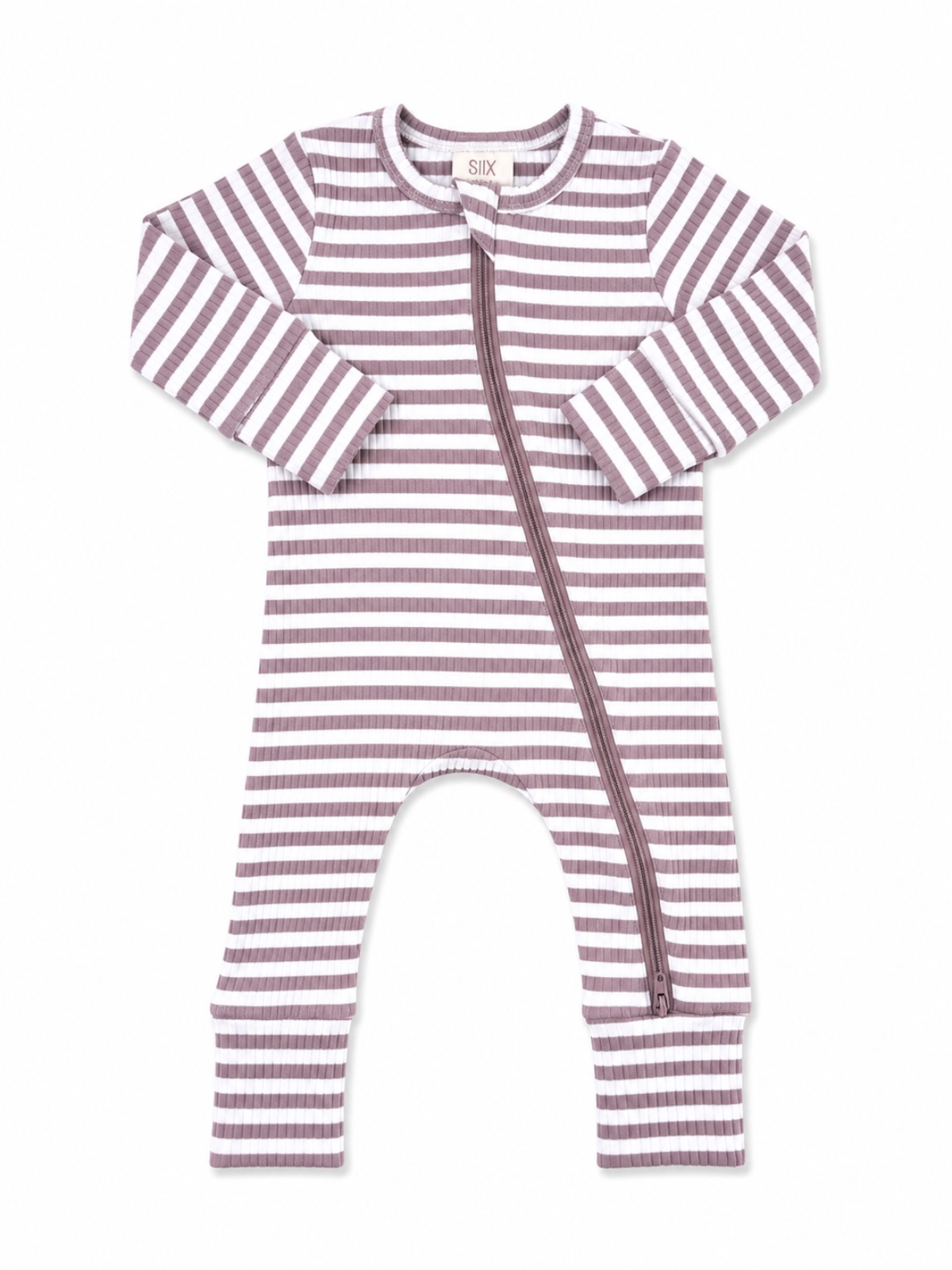 Striped purple and white children’s onesie with a front zipper and long sleeves.