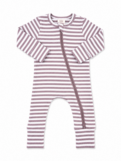 Striped purple and white children’s onesie with a front zipper and long sleeves.
