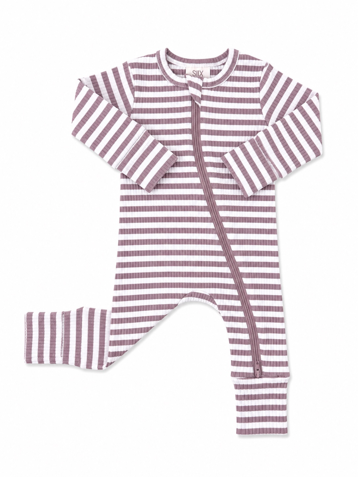 Striped toddler jumpsuit in pastel pink and white, featuring a front zipper and long sleeves.