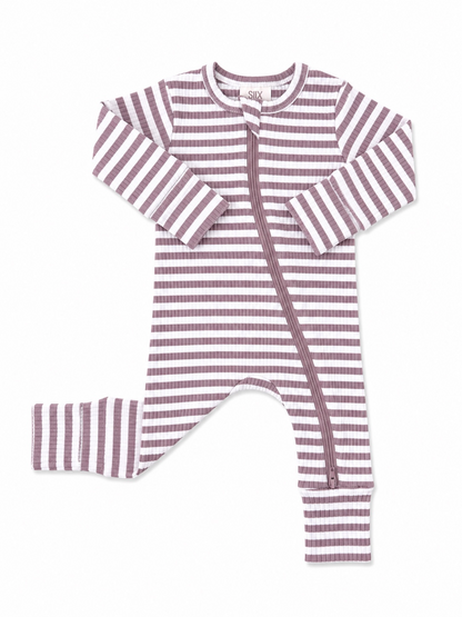 Striped toddler jumpsuit in pastel pink and white, featuring a front zipper and long sleeves.