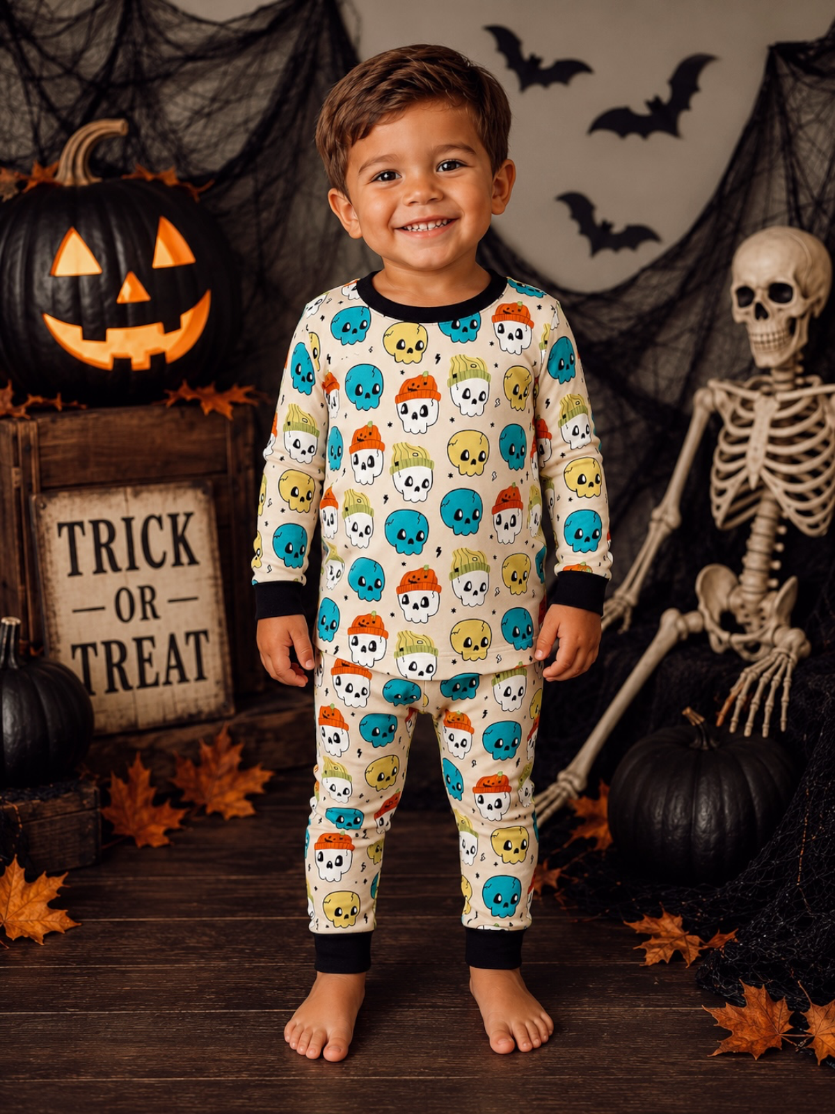 Smiling child in colorful skull pajamas stands near a Halloween pumpkin and a skeleton, surrounded by autumn leaves.
