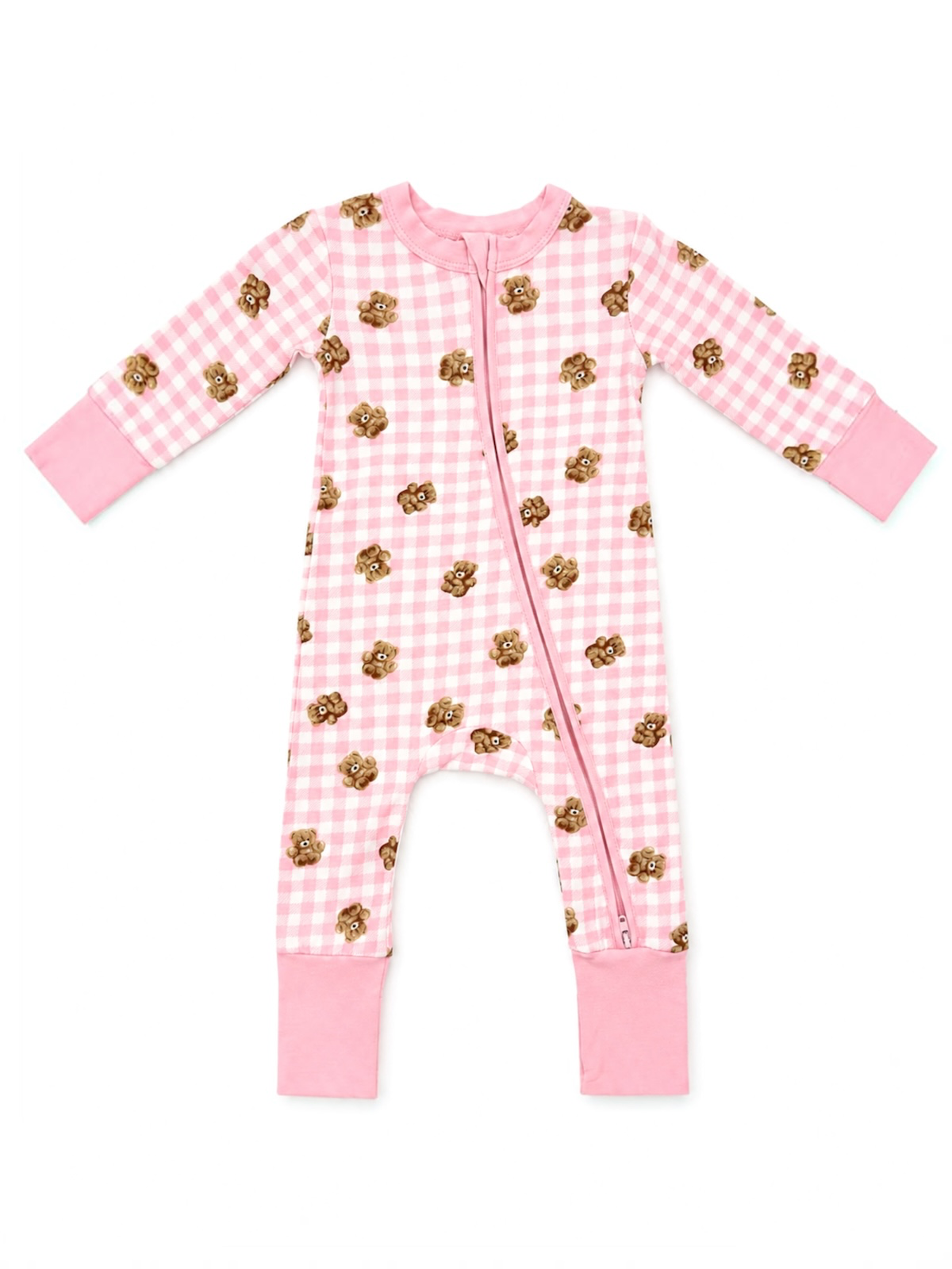 Pink children's onesie with bear print and gingham pattern, featuring a front zipper and pink cuffs.